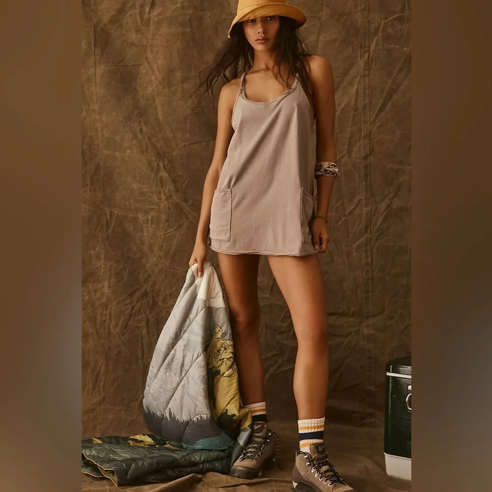 Free People Movement Hot Shot Romper Mini Dress in Mocha Latte Sz Small - Picture 2 of 14